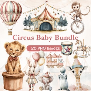 Clipart de bebé de circo vintage: 25 PNG de acuarela neutra, arte de carnaval con animales bebés, decoración infantil suave y neutra