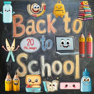 Può includere: Un'illustrazione in stile lavagna con le parole "Back to School" in gesso colorato. L'immagine presenta varie grafiche a cartoni animati a tema scolastico, tra cui uno zaino, matite, un laptop e un portapranzo. È presente anche il testo "20 PNG Images".