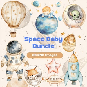 Clipart de bebê em aquarela neutra – Animais fofos de astronauta e foguetes – PNGs de lua e estrelas para berçário – 25 imagens de chá de bebê, festa