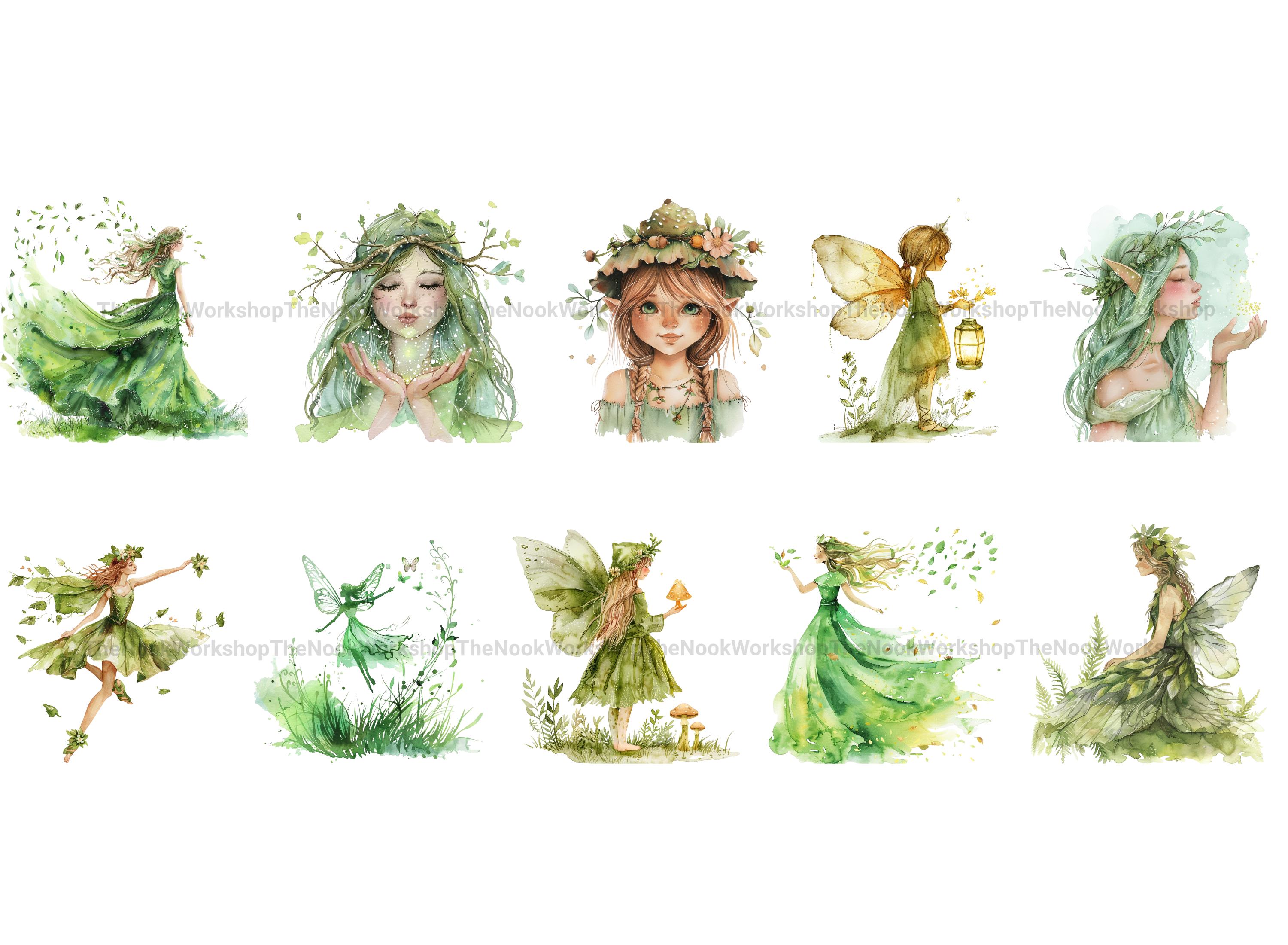 32 Green Forest Fairy Clipart PNG – Watercolor Raw Style Fairies With ...