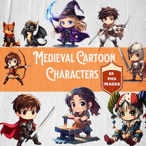 Whimsical Medieval Cartoon Characters Clipart Bundle - Knights, Princesses, Dragons & More – Instant Download for Kids’ Crafts, Invitations