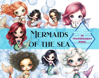 Paquete de imágenes prediseñadas de sirenas pastel: 22 adorables sirenas dibujadas a mano, PNG en acuarela, arte oceánico kawaii para niños y manualidades.