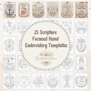Könnte beinhalten: Eine Sammlung von 25 schriftorientierten Handstickvorlagen mit verschiedenen schwarz-weißen Strichzeichnungen zu religiösen Themen, darunter Blumenmotive, Anker, Regenschirme und Text, präsentiert als digitales Vorlagenset.