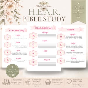 May include: A printable H.E.A.R. Bible study guide featuring sections for Highlight, Explain, Apply, and Respond. The document includes instructional text, blank lines for writing, and an example page, all decorated with pink banners and floral accents.