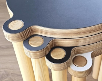 Stackable Baltic Birch Stool Set, Beech Wood Legs, Minimalist Scandinavian Furniture, Space Saving Seat