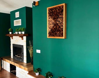 Burned Wood Acoustic Panel: 3D Wall Art Sound Diffuser, Oak Frame