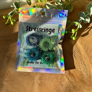 Könnte beinhalten: Eine transparente, holografische Verpackung mit vier Metall-Fingerringen in Blau- und Grüntönen. Die Verpackung trägt den Text "Stressringe". Die Ringe sind zur Stressbewältigung konzipiert.