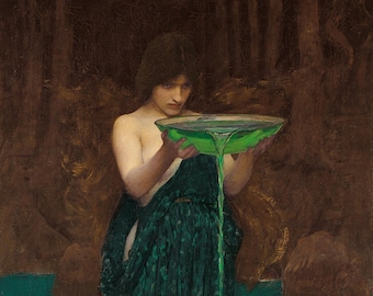 May include: A painting depicting a figure with long dark hair wearing a floor-length dark green dress with a textured pattern. The figure holds a shallow, translucent green bowl, pouring a vibrant green liquid downward into a pool of green water.