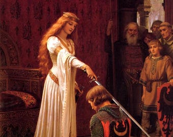 Lámina giclée de "El Galardón" de Edmund Blair Leighton: Ceremonia de nombramiento de caballero medieval, arte mural de caballería romántica