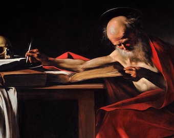 Póster de arte giclée premium de Caravaggio, San Jerónimo escribiendo, Doctor de la Iglesia, traduciendo la Biblia, impreso en papel mate o lienzo.