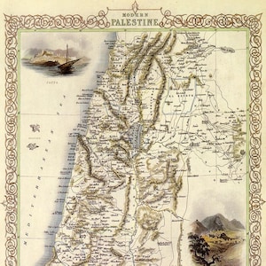 Puede incluir: Mapa antiguo de Palestina, con información geográfica detallada e ilustraciones. El mapa incluye el texto "MODERN PALESTINE" en la parte superior, con dibujos detallados de paisajes, barcos y figuras. El mapa está enmarcado con un borde ornamentado.