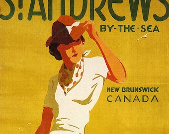 St. Andrews By-The-Sea en Nuevo Brunswick, Canadá. Chica jugando al golf. Pueblo costero. Viajes. Póster vintage. Reproducción giclée. Impreso en papel o lienzo.