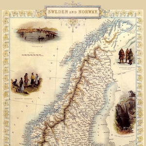May include: Antique map of Sweden and Norway, featuring detailed geographical information and illustrations of people and landscapes. The map includes the text "SWEDEN AND NORWAY" at the top and is framed with a decorative border.
