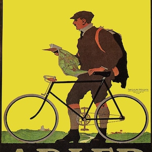 Vintage Bicycle Rider Art Print: Man with Map, Giclee Poster