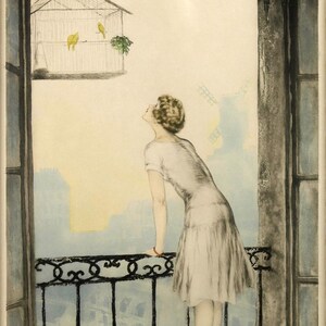 Louis Icart Fashion Lady Window Birds Montmartre Paris France Classic Art Deco Premium Giclee Art Poster Printed on Paper or Canvas