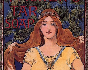 Sapone detergente al catrame di Packer per capelli e pelle. Bella donna in stile Art Nouveau. Riproduzione di un poster vintage. Stampa giclée premium su carta o tela.