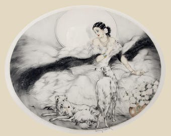 Louis Icart Lady of the Camellias with Dogs Giclée Art Print - Art Deco Woman Floral Romantic Wall Decor