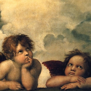 May include: A Renaissance-style painting featuring two cherubic figures with wings. One cherub rests their chin on their hand, while the other looks upwards. The background is a cloudy, sepia-toned sky.