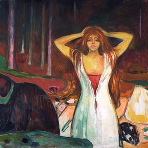 May include: An oil painting depicting a woman with long red hair, wearing a white dress with a red underdress, standing in a forest. Two other figures are in the background, with a dark, somber color palette.