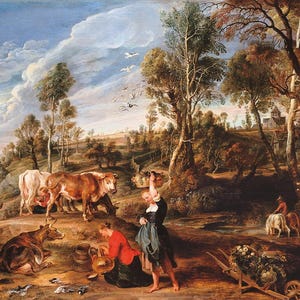 Pode incluir: Uma pintura a óleo pastoral que retrata uma cena rural com vacas, figuras e uma carroça. A obra de arte apresenta um céu vibrante, colinas e uma variedade de árvores. As figuras estão envolvidas em tarefas diárias, com foco na vida agrícola.