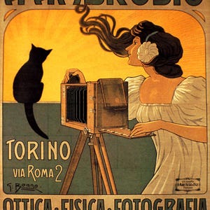 May include: Vintage advertisement for A. Ambrosio, featuring a woman with long hair and a flower in her hair, operating a large format camera. A black cat sits nearby. The poster has text in Italian, including "Torino Via Roma 2" and "Ottica Fisica Fotografia."