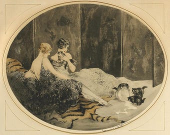 ルイ・イカール作「黒猫を抱く女性」アールデコプリント：シックな猫
