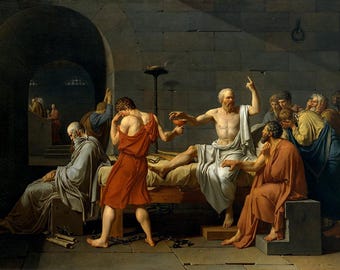 May include: A classical painting depicting a scene with several figures in a stone room. The central figure, an older man, reclines on a bed, holding a cup. Other figures are gathered around, some appearing distressed. The scene is illuminated by a light source.