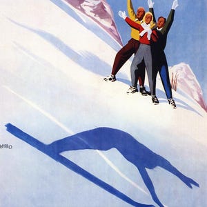 Des skieurs de la Vallée d'Aoste font du ski et une ombre de saut à ski bien visible Italie voyage tourisme affiche vintage reproduction giclée imprimée sur papier ou toile