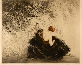 Louis Icart Lady with Peacock Giclée Art Print - Art Deco Elegant Woman Vintage Wall Decor