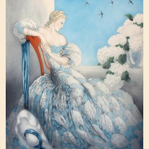 Louis Icart Fashion Lady Symphony in Blue with Birds and Flowers Classic Art Deco Premium Giclee Art Poster Printed on Matte Paper or Canvas