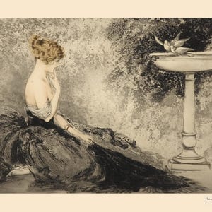 Louis Icart Fashion Blonde Lady Dove Bird Fountain Classic French Art Deco Premium Giclee Art Poster Printed on Paper or Canvas