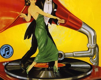 Vintage Italian Poster: Couple Dancing on Gramophone, Giclee Art