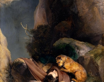 Edwin Landseer Allegato - Cane e uomo in montagna Dipinto, Stampa artistica Giclée di animali da parete