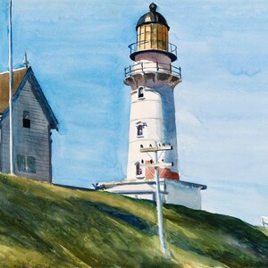 May include: Watercolor painting of a coastal scene featuring a white lighthouse with a black and gold lantern room. A light blue sky and green hillside complete the landscape. A building with a brown roof is to the left.