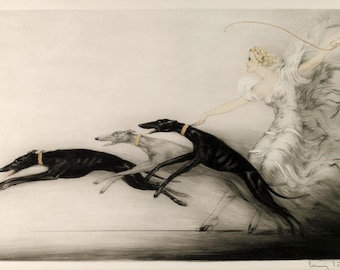 Louis Icart Speed II Giclée Art Print - Fashion Lady with Greyhounds, Art Deco Wall Decor