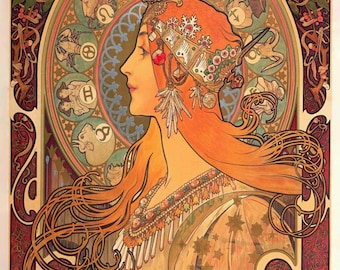 May include: Art Nouveau style print featuring a woman with flowing orange hair and elaborate headwear. A circular zodiac design surrounds her, with detailed illustrations of each sign. The artwork has a warm color palette with gold, red, and green accents.