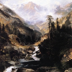 May include: An oil painting depicts a mountain landscape with a cascading waterfall. The scene features a river flowing through a rocky gorge, surrounded by dark green trees and towering mountains. The sky is overcast with a hint of sunlight.
