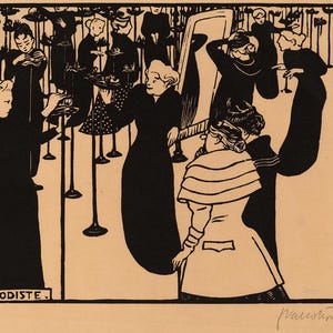 Felix Vallotton The Milliner Millinery Shop kontrasterar kvinnor engagerade med hattar Träsnitt Giclée-affisch tryckt på matt papper/canvas