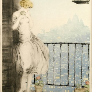 Louis Icart Art Deco Print: Fashion Lady, Balcony Scene, Paris France