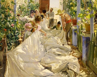 Lámina artística Giclée de Joaquín Sorolla cosiendo la vela – Pintura impresionista española de playa, arte mural costero mediterráneo
