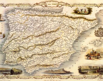 Map 1851 Spain and Portugal views cities scenes Belem Castle in Lisbon Madrid Gibraltar a bullfight Art Poster Printed Matte Paper Rolled Up