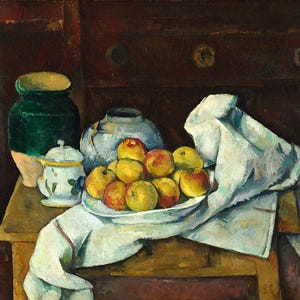 May include: Still life painting featuring a wooden table with a white cloth. A plate of apples sits on the cloth. A green vase, a blue vase, and a small white jar with a lid are also on the table. The background is a dark brown.