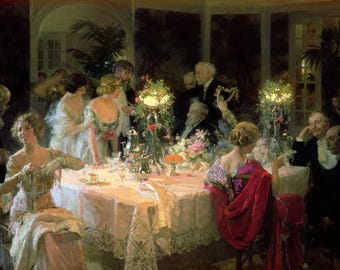 May include: An oil painting showing a formal dinner party. A large round table is set with fine china, silverware, and floral centerpieces. Guests in elegant attire are gathered around the table, engaged in conversation, in a dimly lit room.