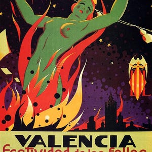 May include: Vintage poster advertising the Valencia Fallas Festival in Spain, 1935. A green figure with outstretched arms is surrounded by flames. The poster features text in Spanish, a night sky, and a cityscape.