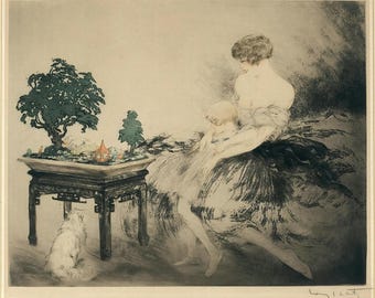 ルイ・イカール作「黒猫を抱く女性」アールデコプリント：シックな猫