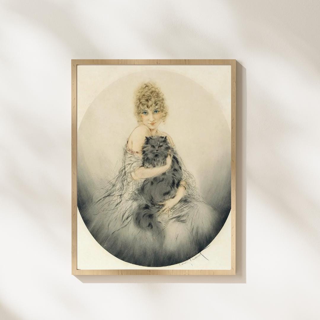 Louis Icart Girl With Persian Black Cat Giclée Art Print - Art