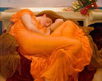 Póster de pintura de mujer victoriana de Frederic Leighton Flaming June, impresión artística giclée para decoración de pared de museo