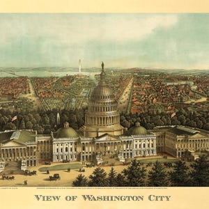 May include: An antique print titled "View of Washington City" depicts a detailed, bird's-eye view of the city, including the Capitol Building, the Washington Monument, and surrounding areas. The print is in muted colors with a cream-colored border.