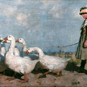 May include: An oil painting depicts a young person leading a flock of white geese across a dirt path. The person wears a straw hat and a simple dress. The geese have orange beaks and feet, and the sky is a pale blue.