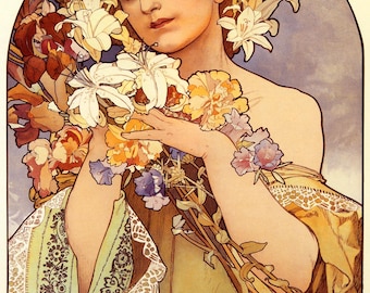 Alphonse Mucha Flower Giclée Art Print - Art Nouveau Floral Lily Bouquet, Vintage Wall Decor